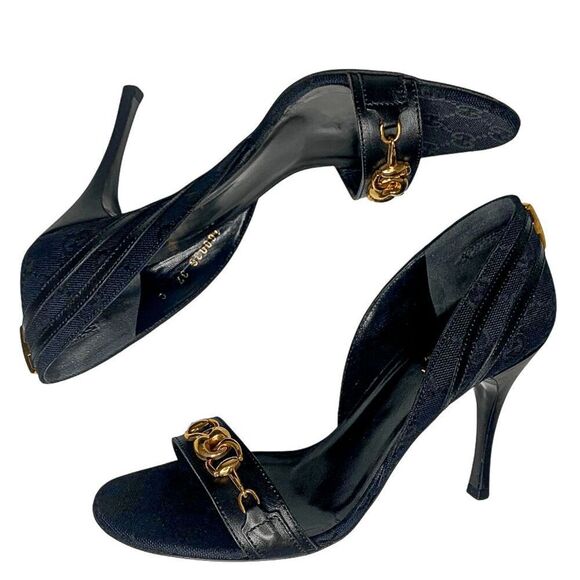 Gucci Black Monogram D’Orsay Heels Size 37C Gold Horsebit Chain Detail Authentic - Picture 6 of 12